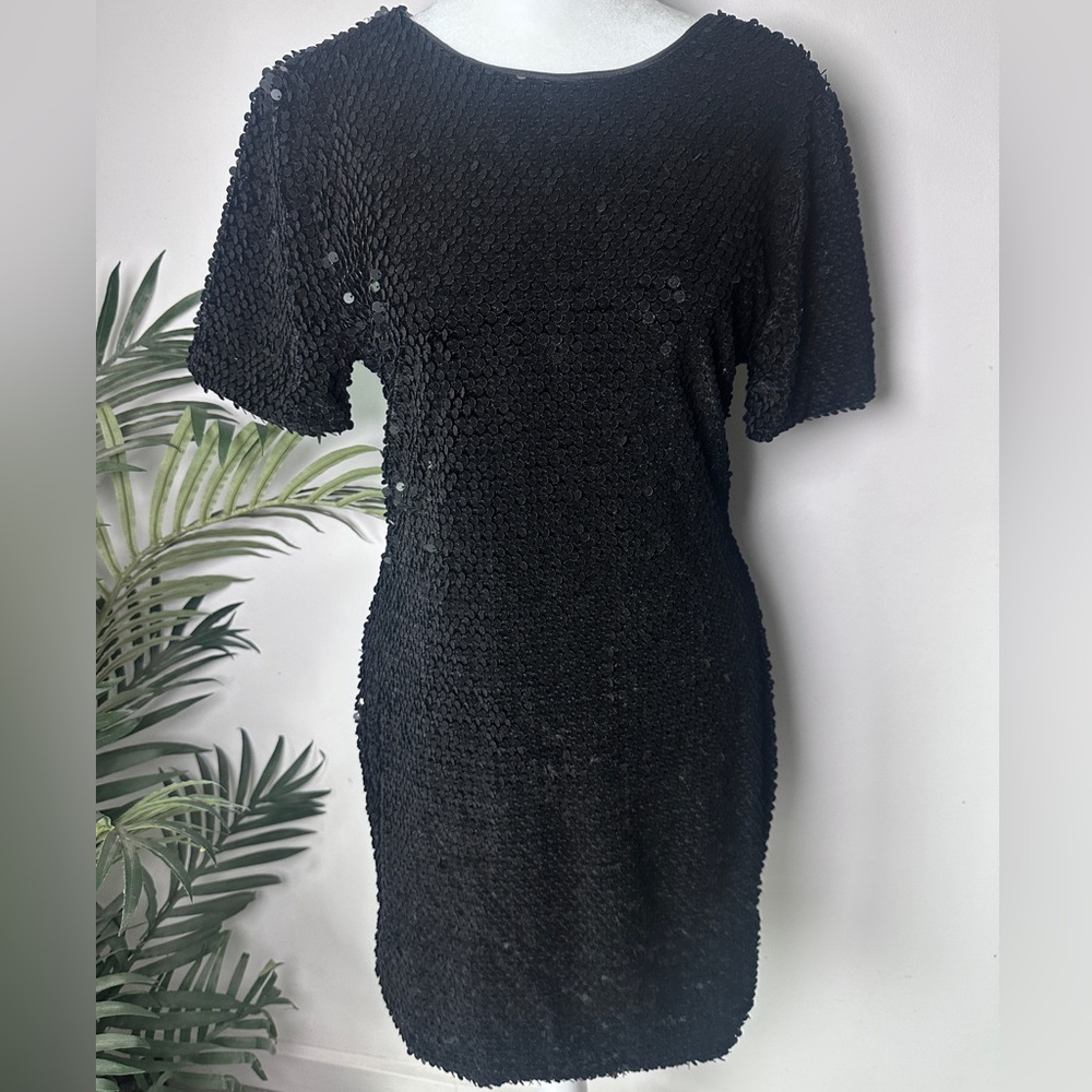 Topshop Womens Black Velvet Sequins Midi Cocktail Short Sleeve Dress size 8